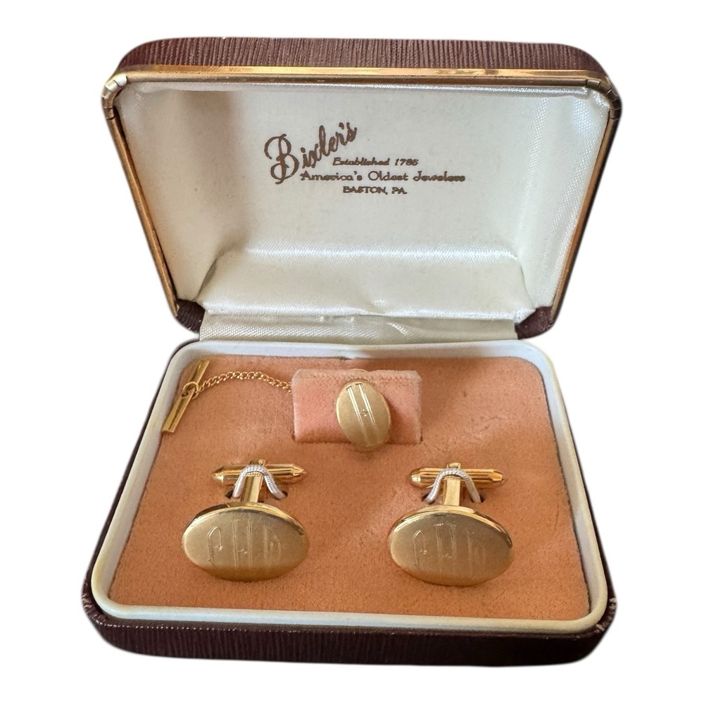 Vintage Cufflinks And Tie Tack Gold Plate Monogram PHW Buckets‎ Easton Pa